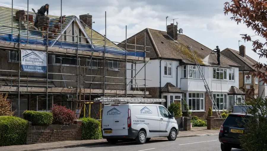 Roofing work under way across a UK suburban street