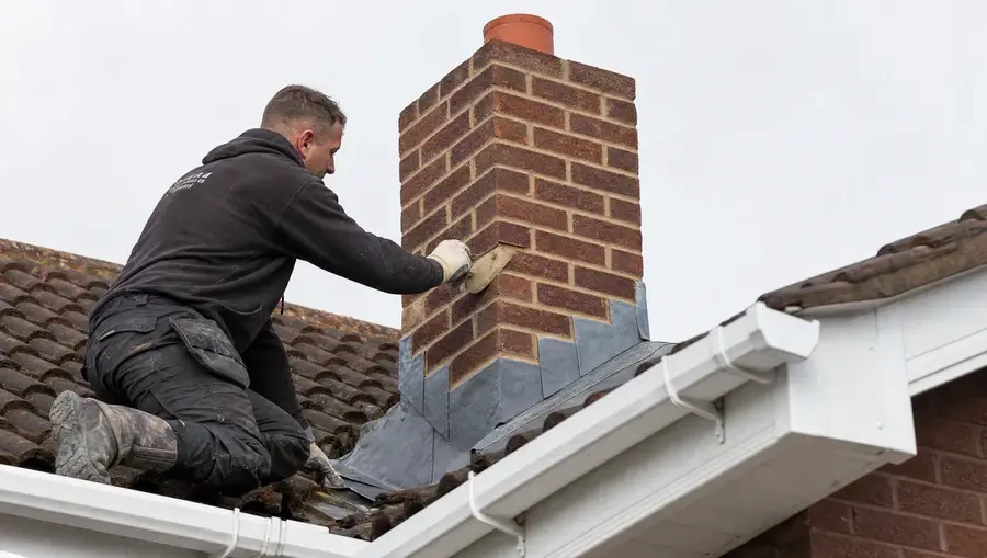 Roofer repointing a brick chimney stack with new lead flashing
