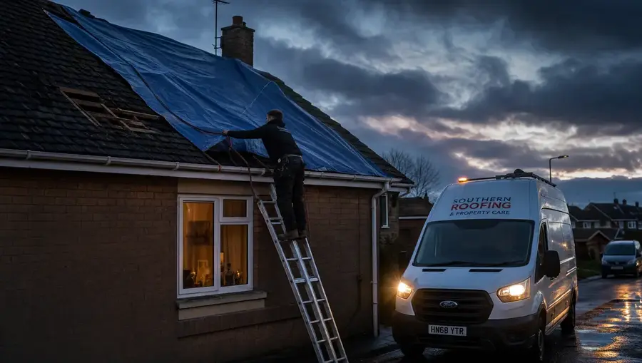 Roofer securing a tarpaulin over a storm-damaged roof at dusk