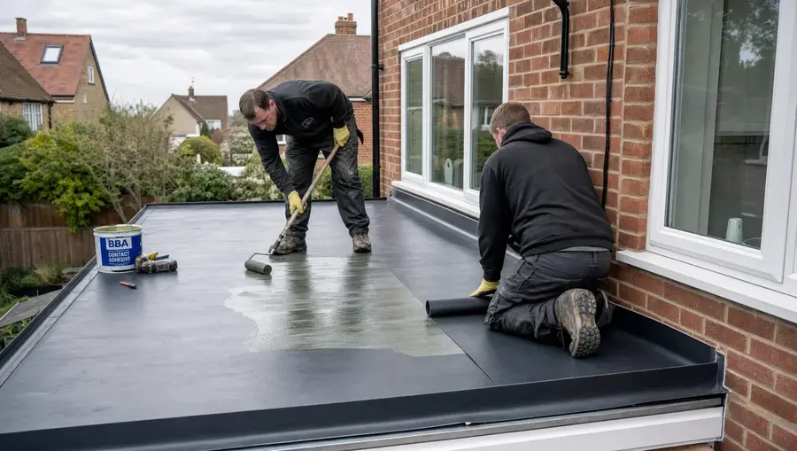 Roofers installing EPDM rubber membrane on a flat roof extension