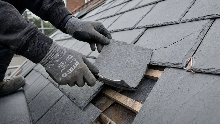 Roofer's hands replacing a cracked slate tile on a pitched roof