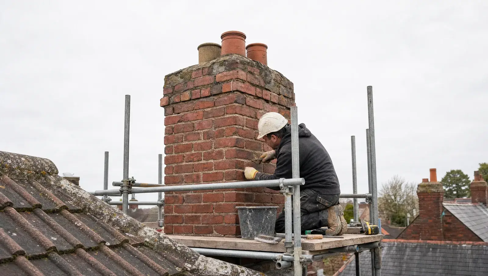 Chimney stack surrounded by a scaffold tower ready for repointing