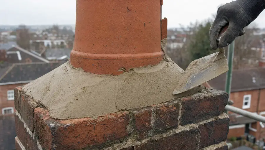 Fresh mortar flaunching being smoothed around a chimney pot