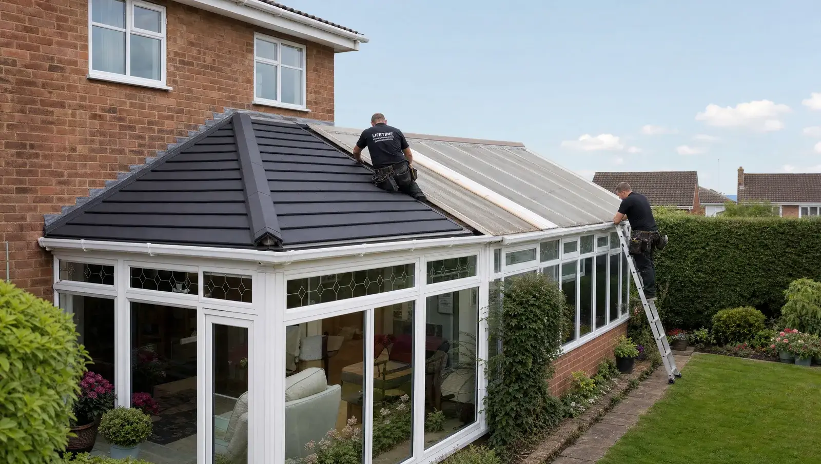 old polycarbonate conservatory roof being replaced with a lightweight tiled roof