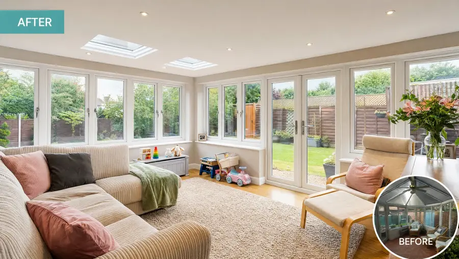 bright conservatory interior with a new insulated plastered ceiling