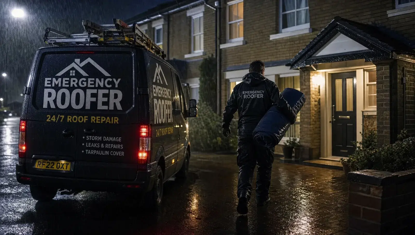 emergency roofer arriving at a house in heavy rain at night