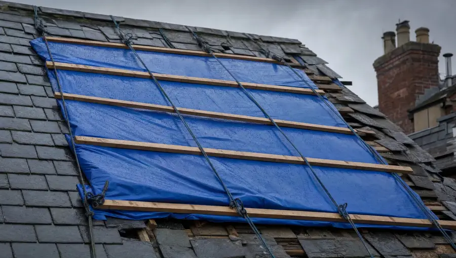 tarpaulin battened over a storm damaged section of roof