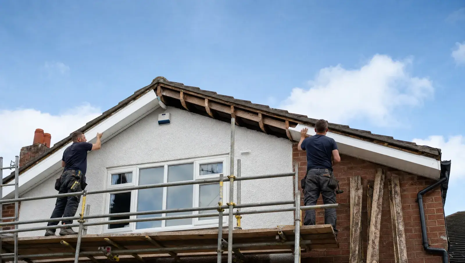 Installers fitting new white uPVC fascia boards on a UK house
