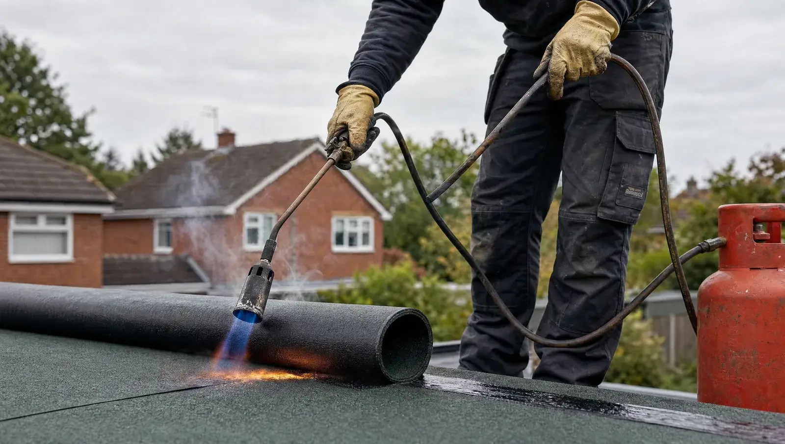 Roofer torching felt onto a garage flat roof
