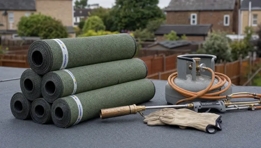 Rolls of mineral roofing felt and torch kit on a flat roof