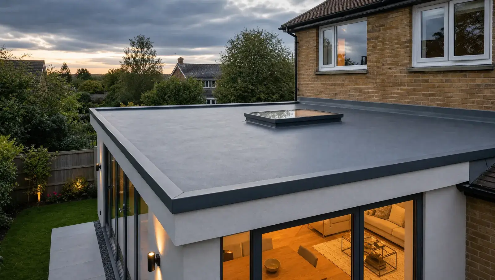 Newly finished EPDM rubber flat roof on a UK extension
