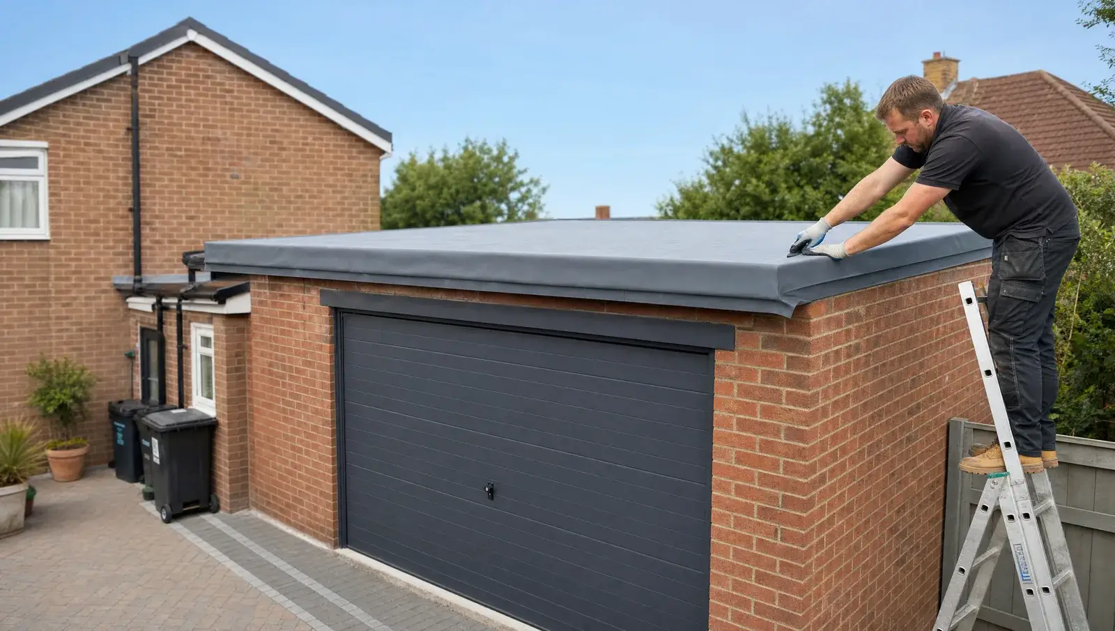 New EPDM rubber roof being fitted to a detached garage