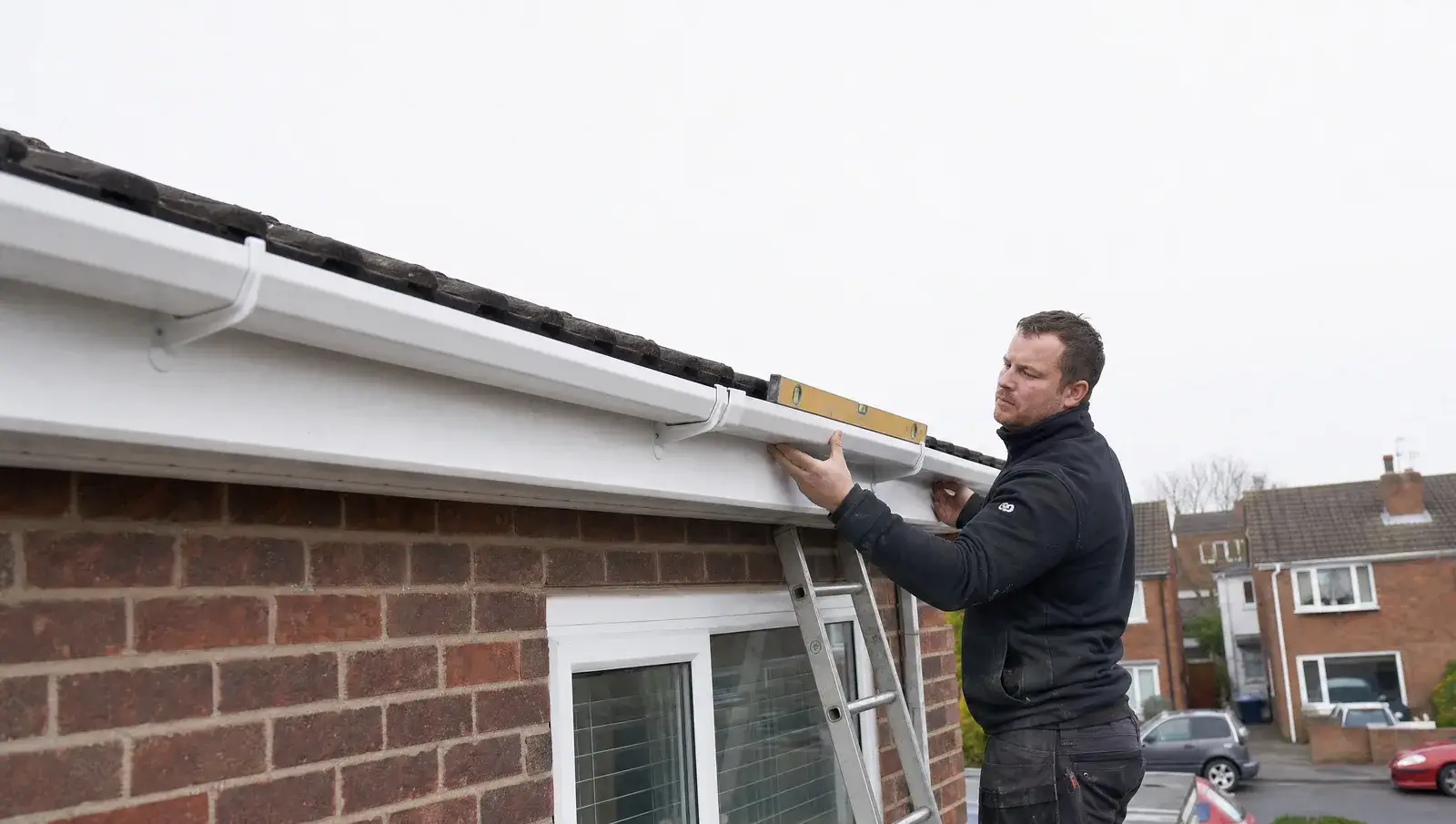 Tradesman fitting a new uPVC gutter run on a UK house