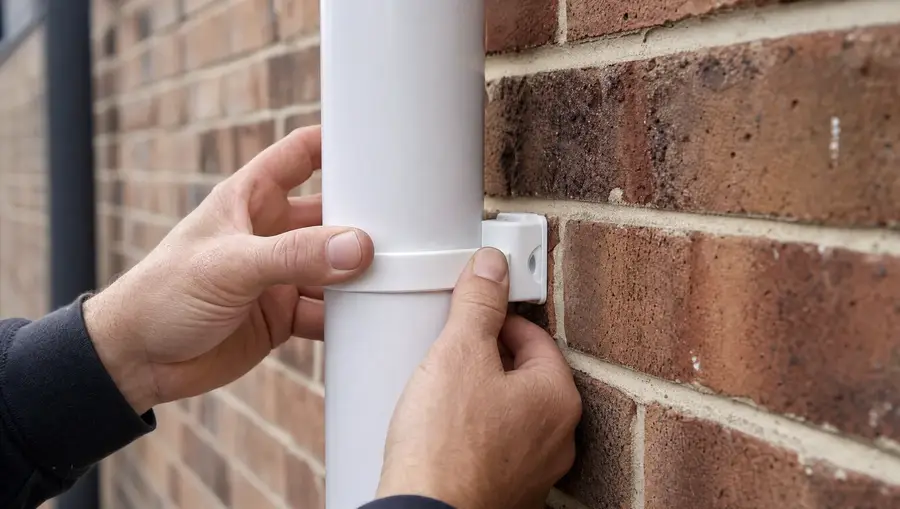 New white uPVC downpipe being clipped into a bracket