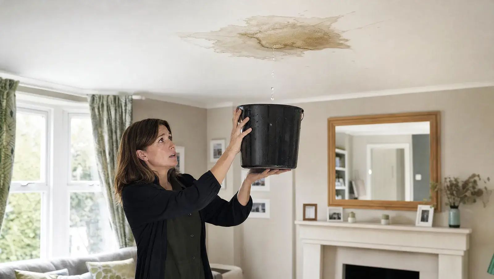 Water stain and drip from a ceiling being caught in a bucket