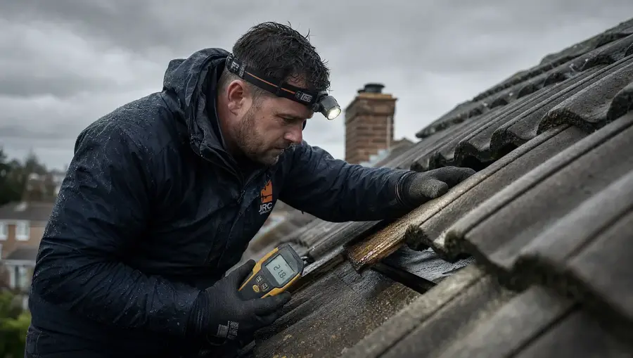 Roofer tracing a leak on a wet roof with a torch