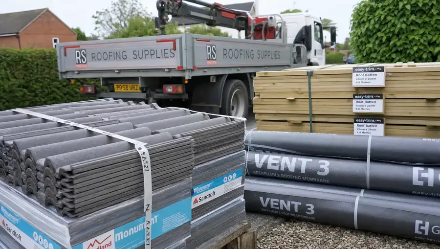 New roofing materials delivered to a UK driveway: tiles, membrane and battens