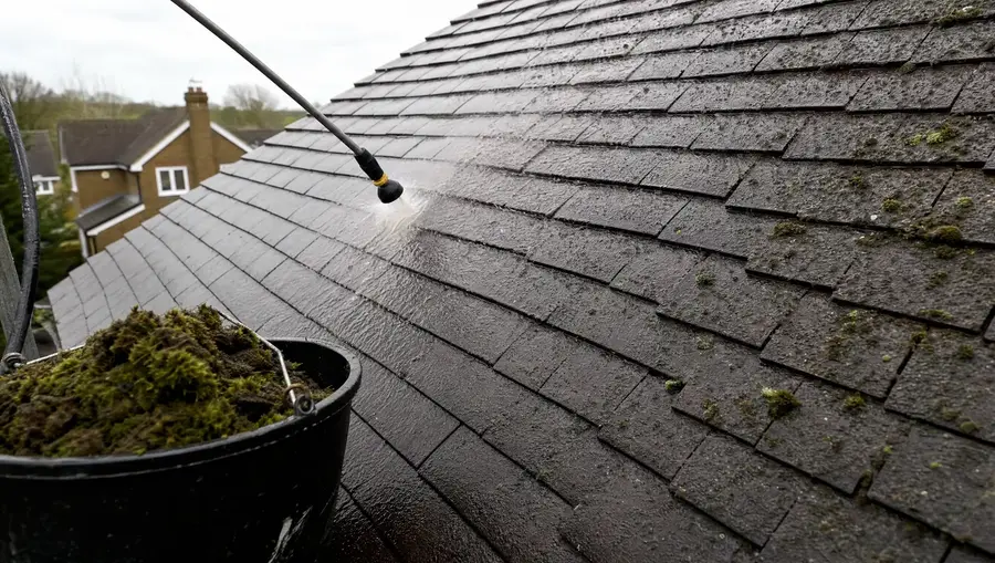 Soft wash lance rinsing biocide across roof tiles