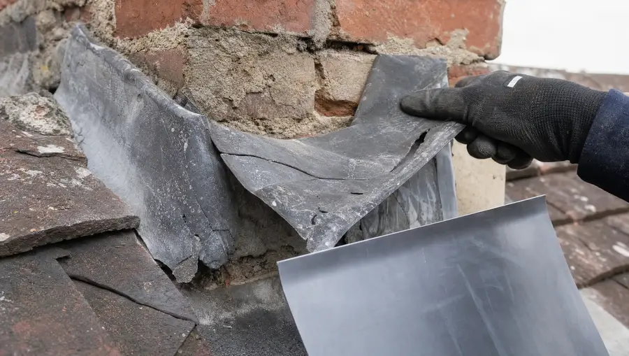 Lead flashing being replaced at a chimney junction