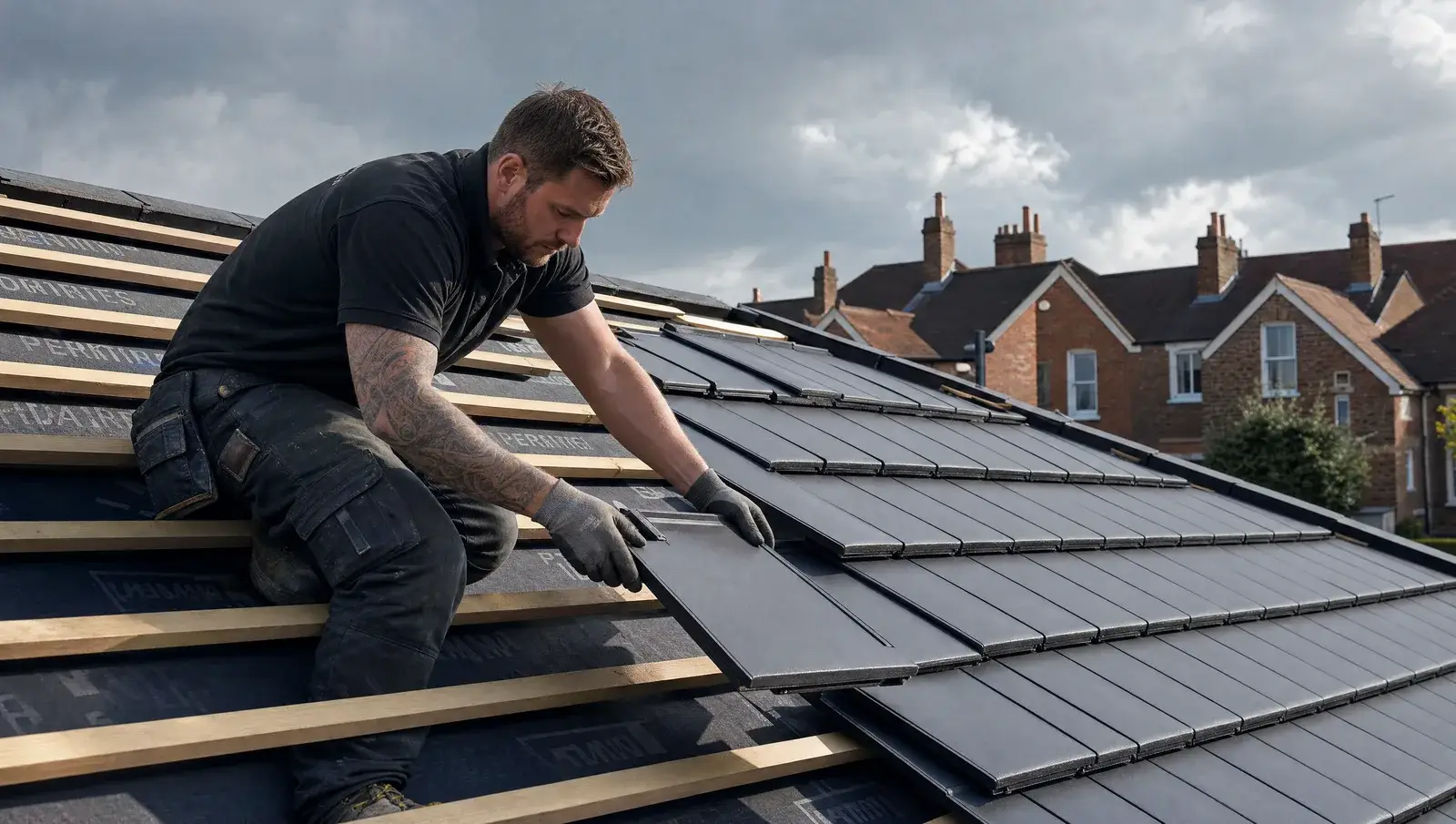 Roofer laying new concrete roof tiles across battens