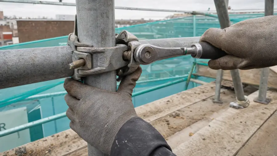 Scaffold couplers being tightened on galvanised tubes