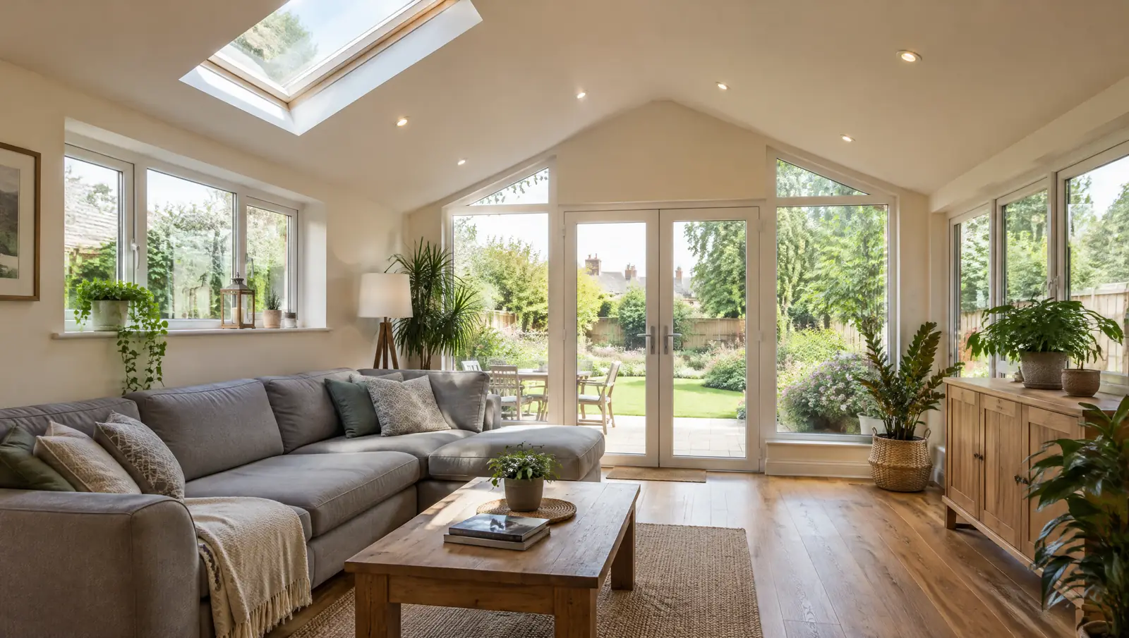 Interior of a conservatory with a solid insulated roof, plastered vaulted ceiling and spotlights