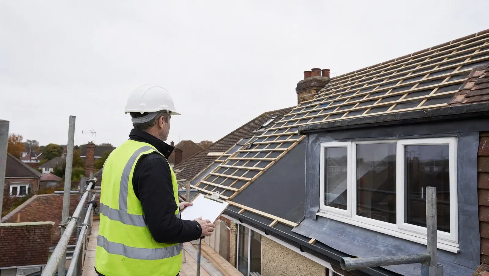 Building control officer with a clipboard inspecting a re-roof in progress from scaffolding