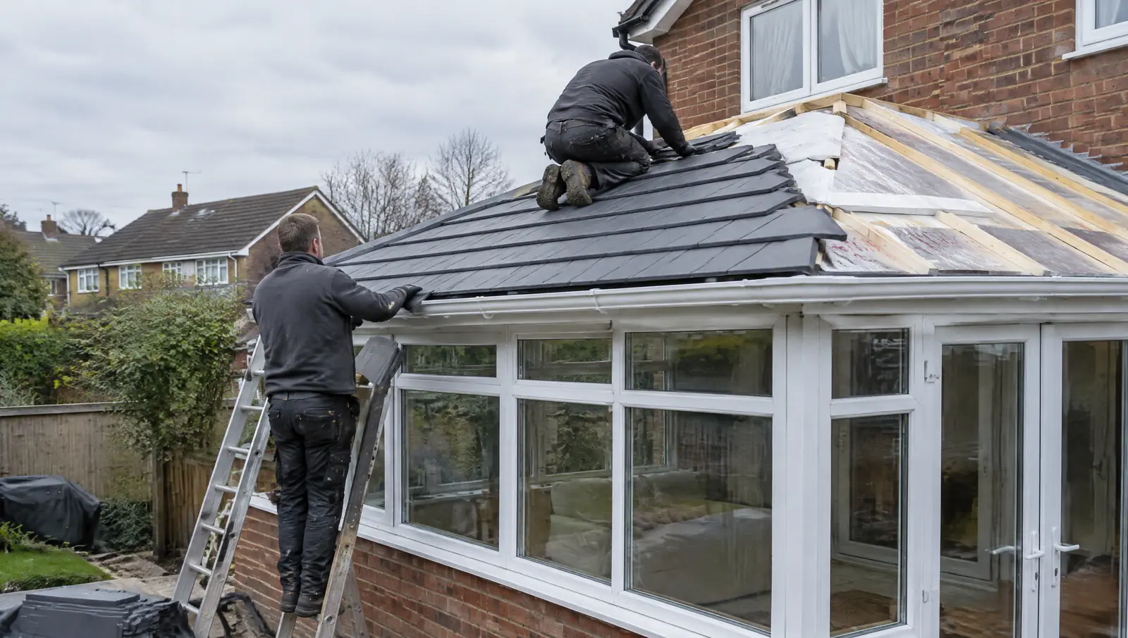 Installers fitting a lightweight tiled solid roof onto a conservatory in a British back garden