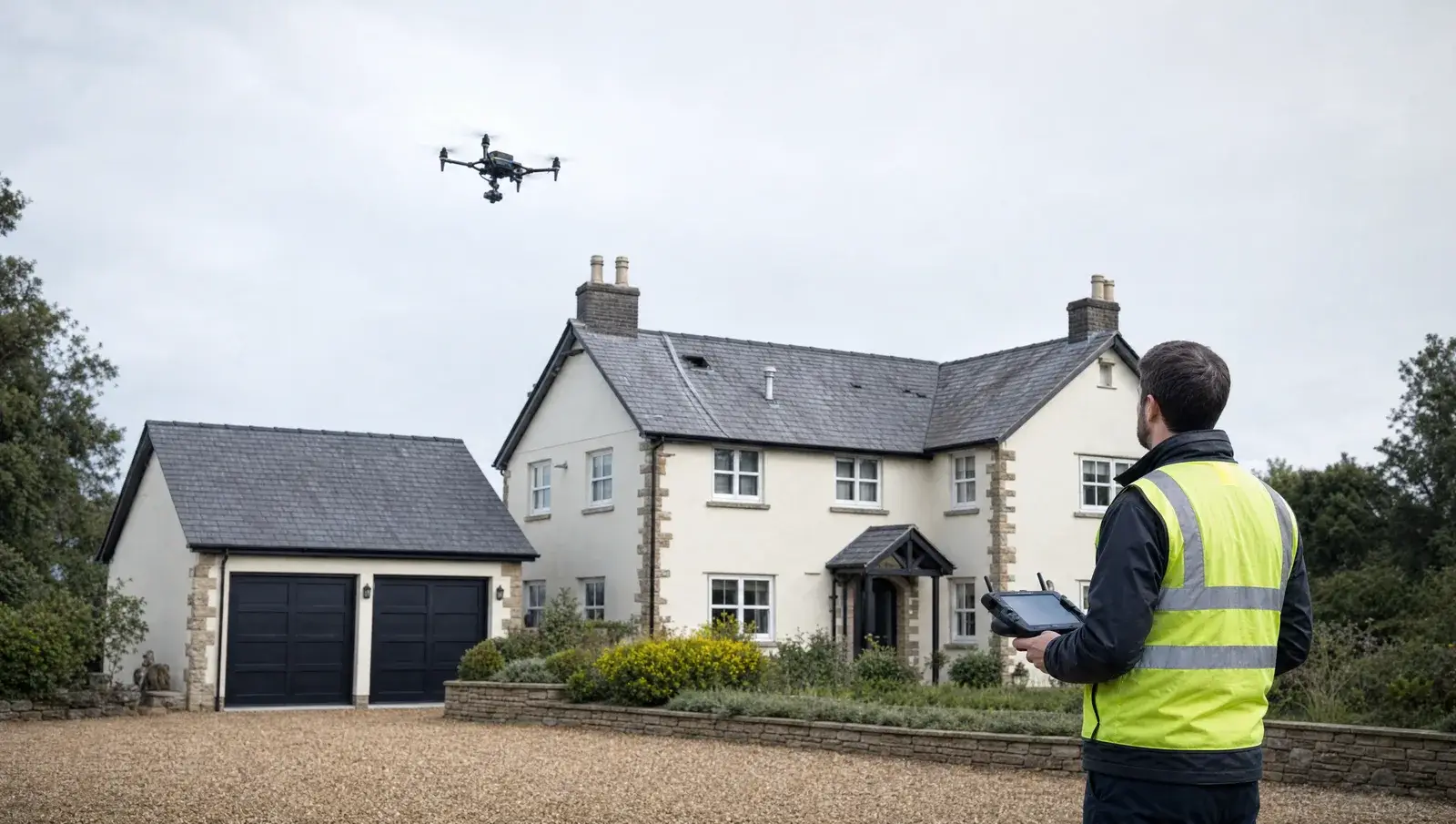Survey drone hovering over the roof of a large detached UK house with the operator at a safe distance