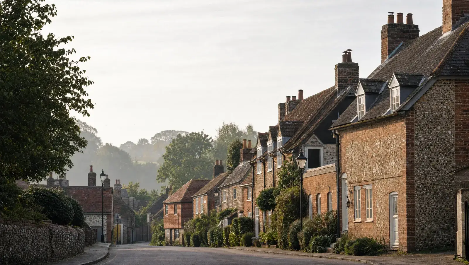 UK conservation-area street of period cottages with varied historic slate and clay rooflines
