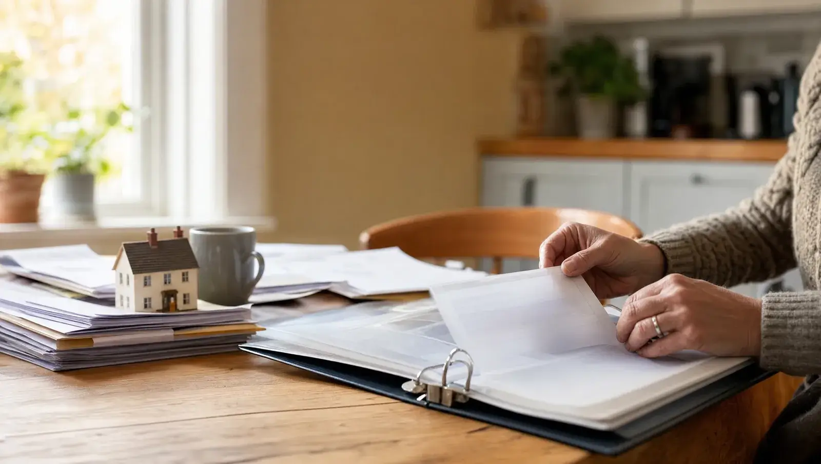 Hands filing a guarantee certificate into a folder of house paperwork in warm domestic light