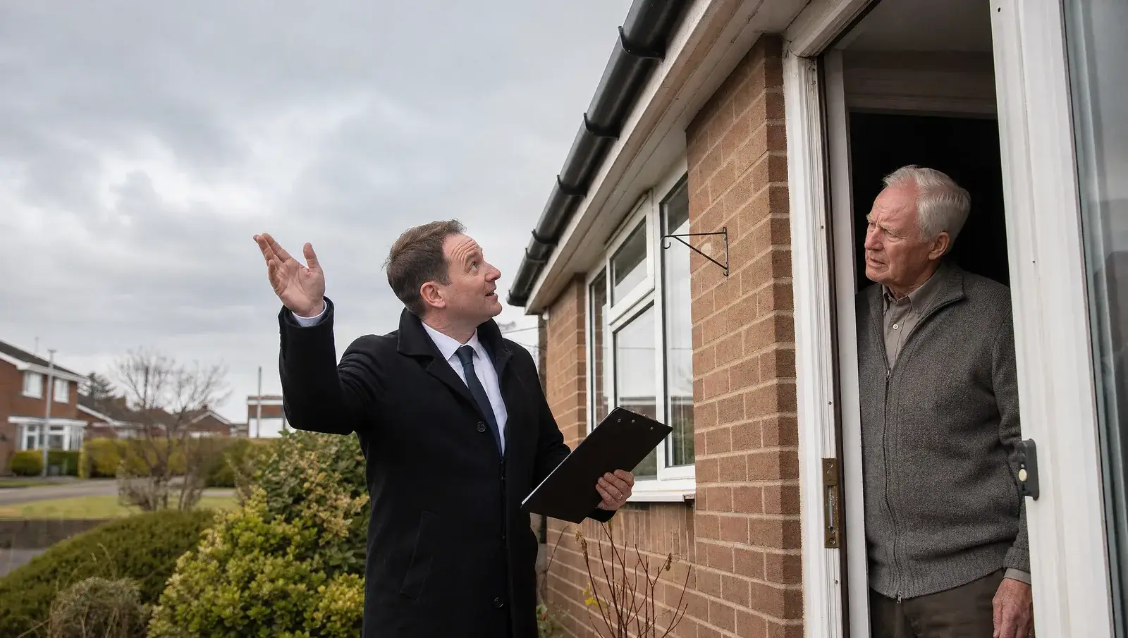 Doorstep salesman gesturing at the roof while an unsure elderly homeowner listens