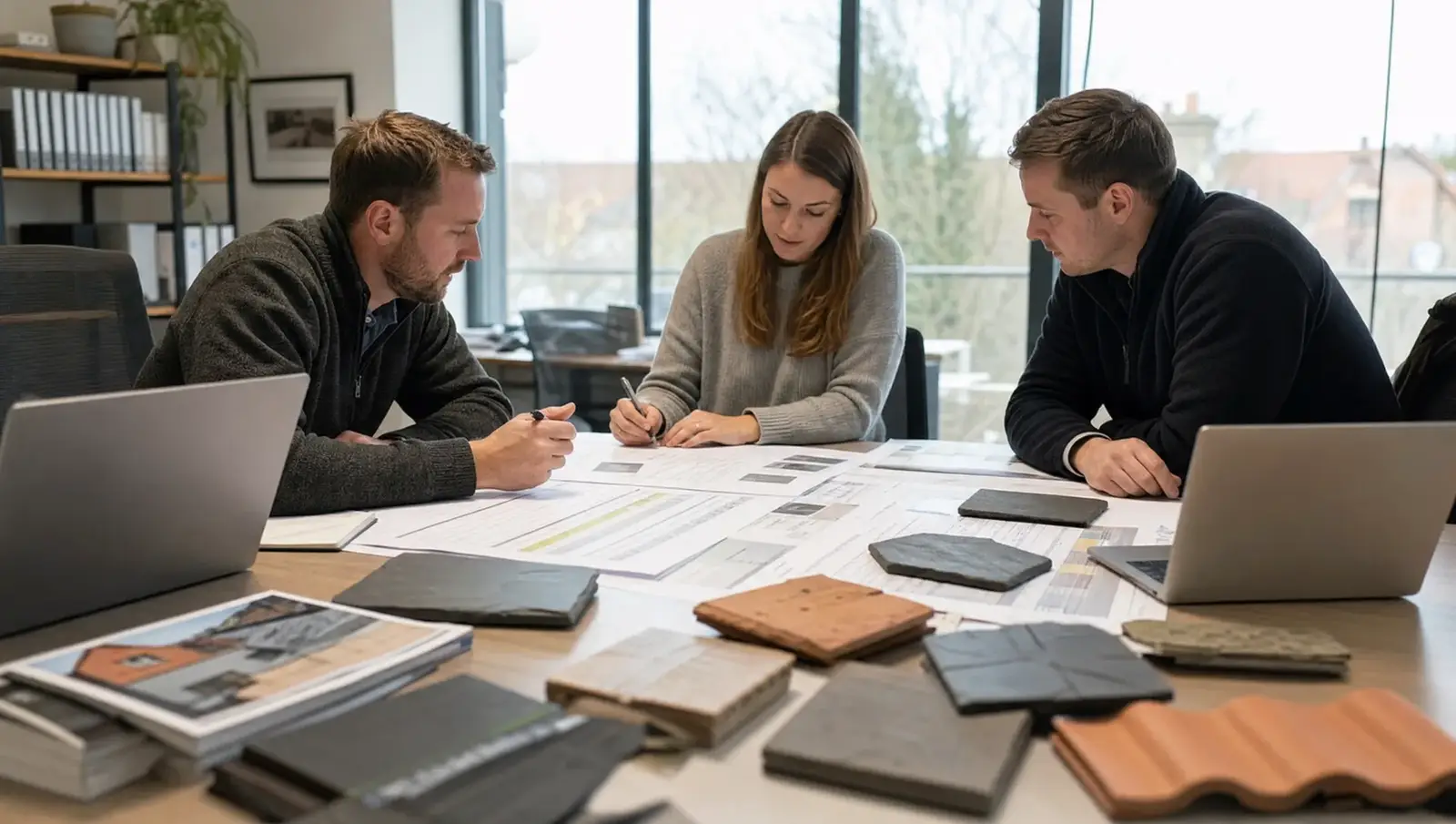 Research team reviewing roofing cost data and material samples