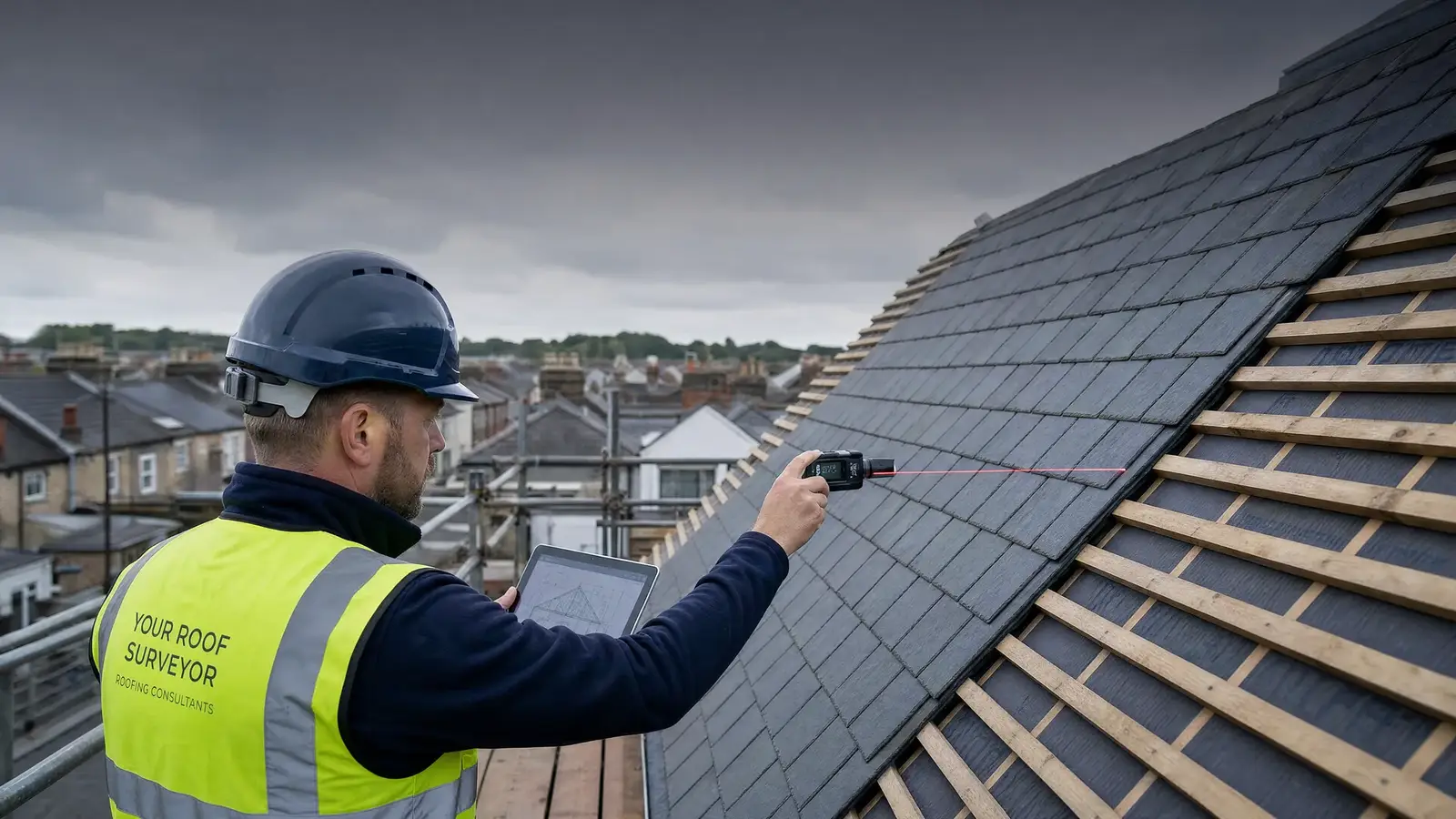 Roofing surveyor measuring a slate roof with a laser measure