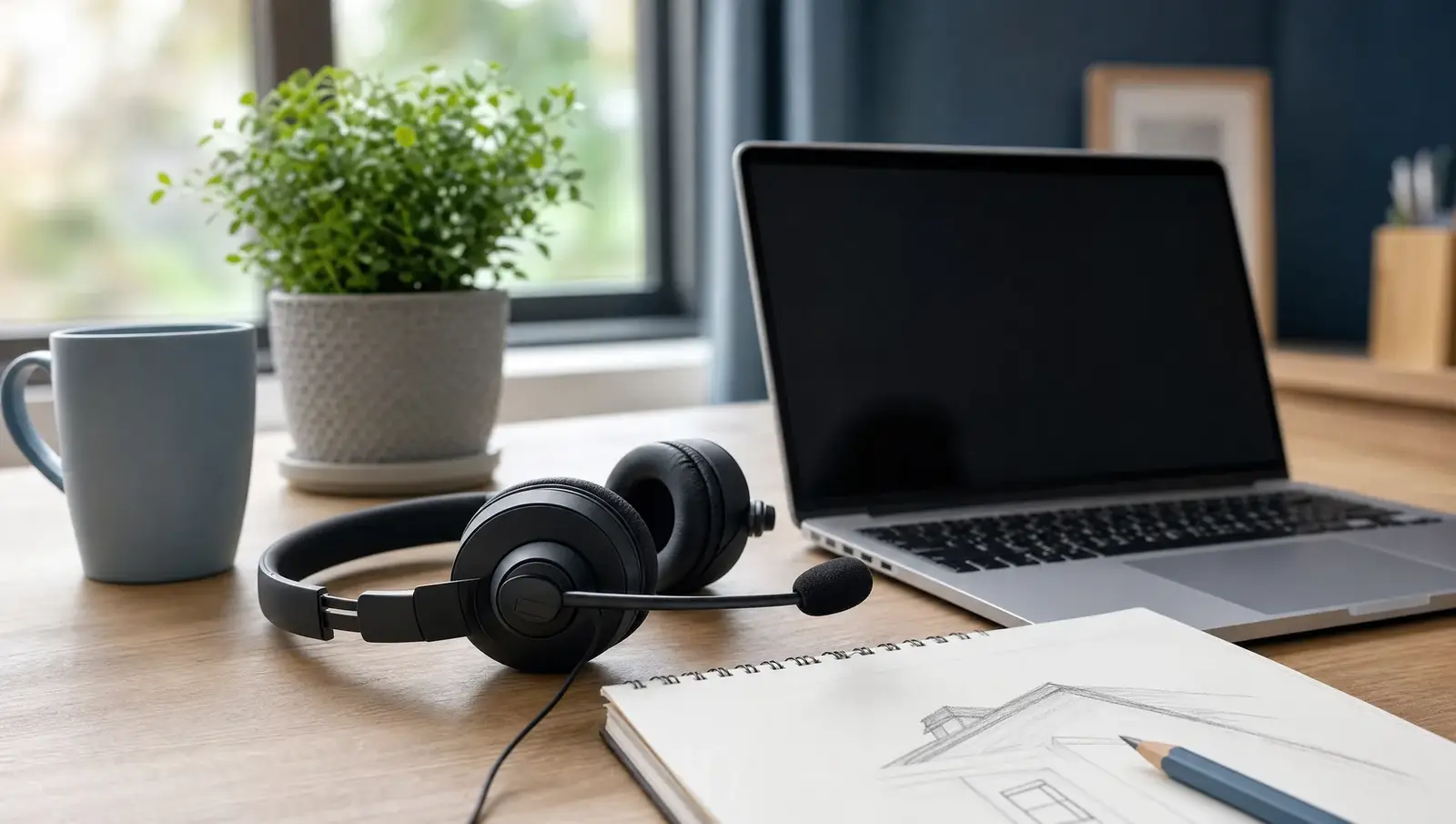 Tidy desk with headset and a notepad sketch of a house roof