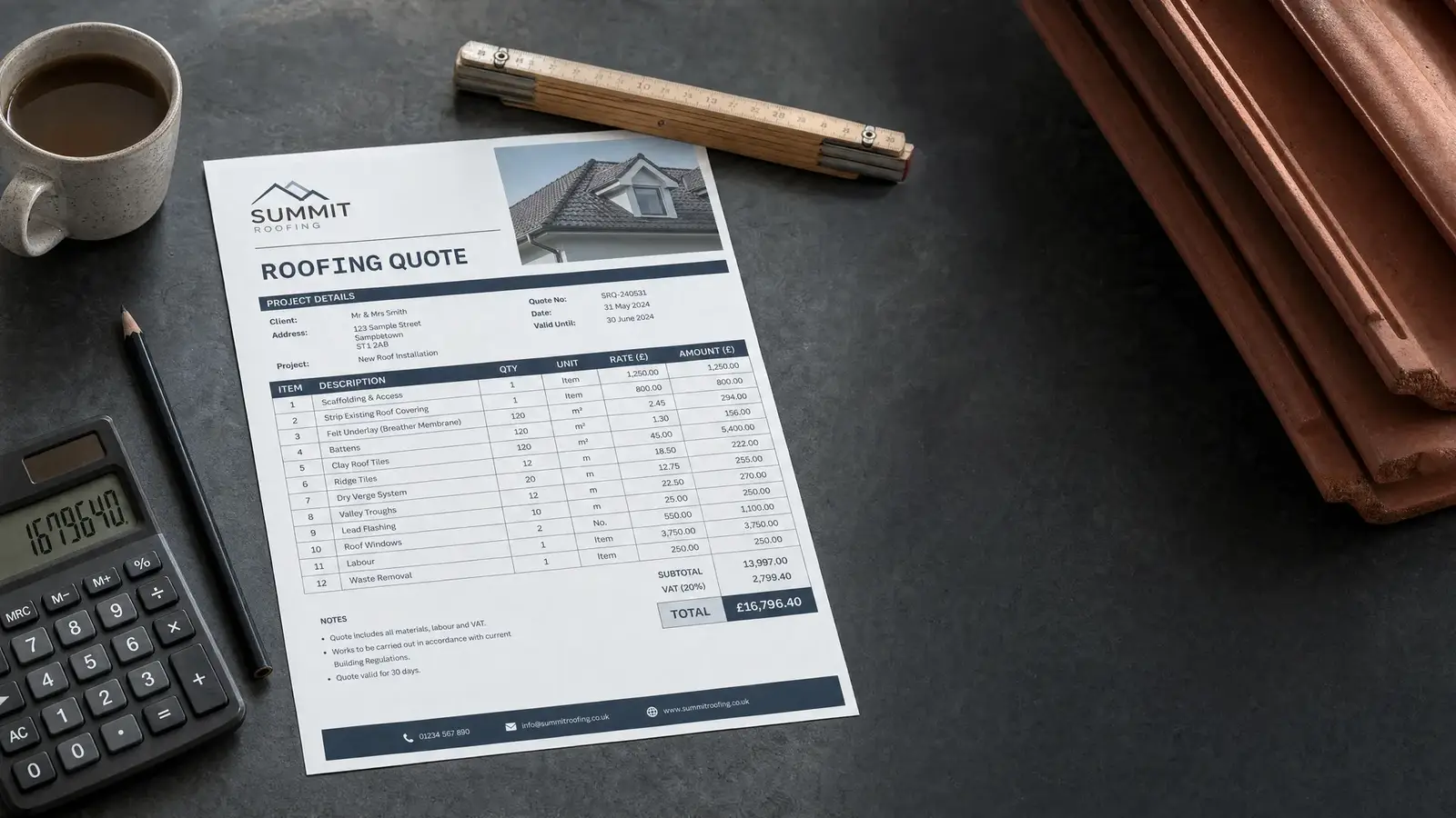 Roofing quote paperwork with calculator and clay tiles
