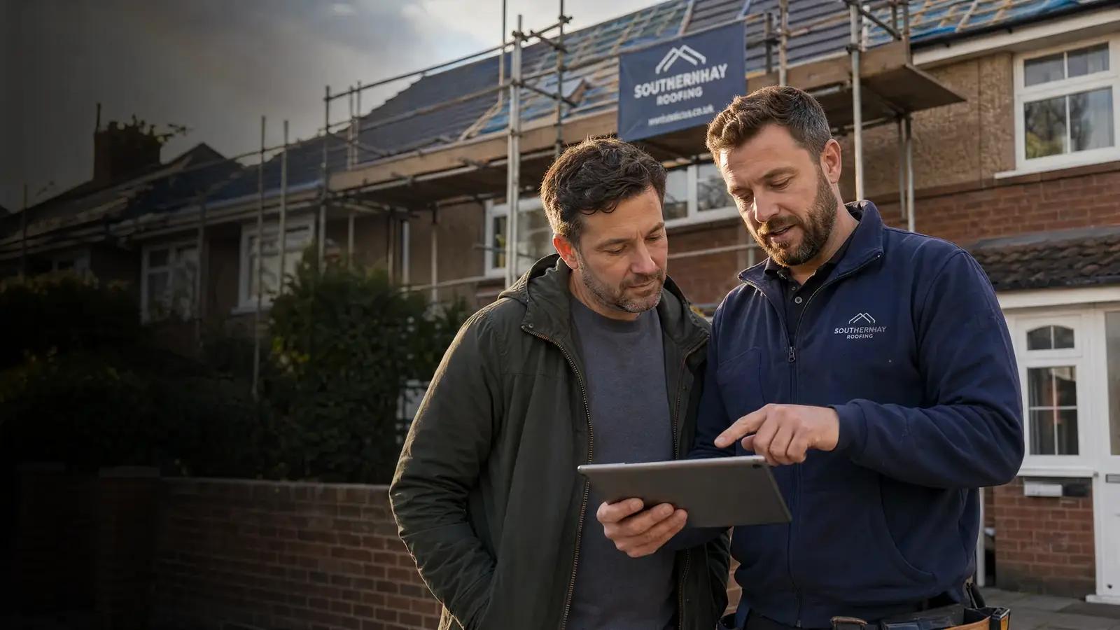 Roofer explaining a roof survey to a homeowner