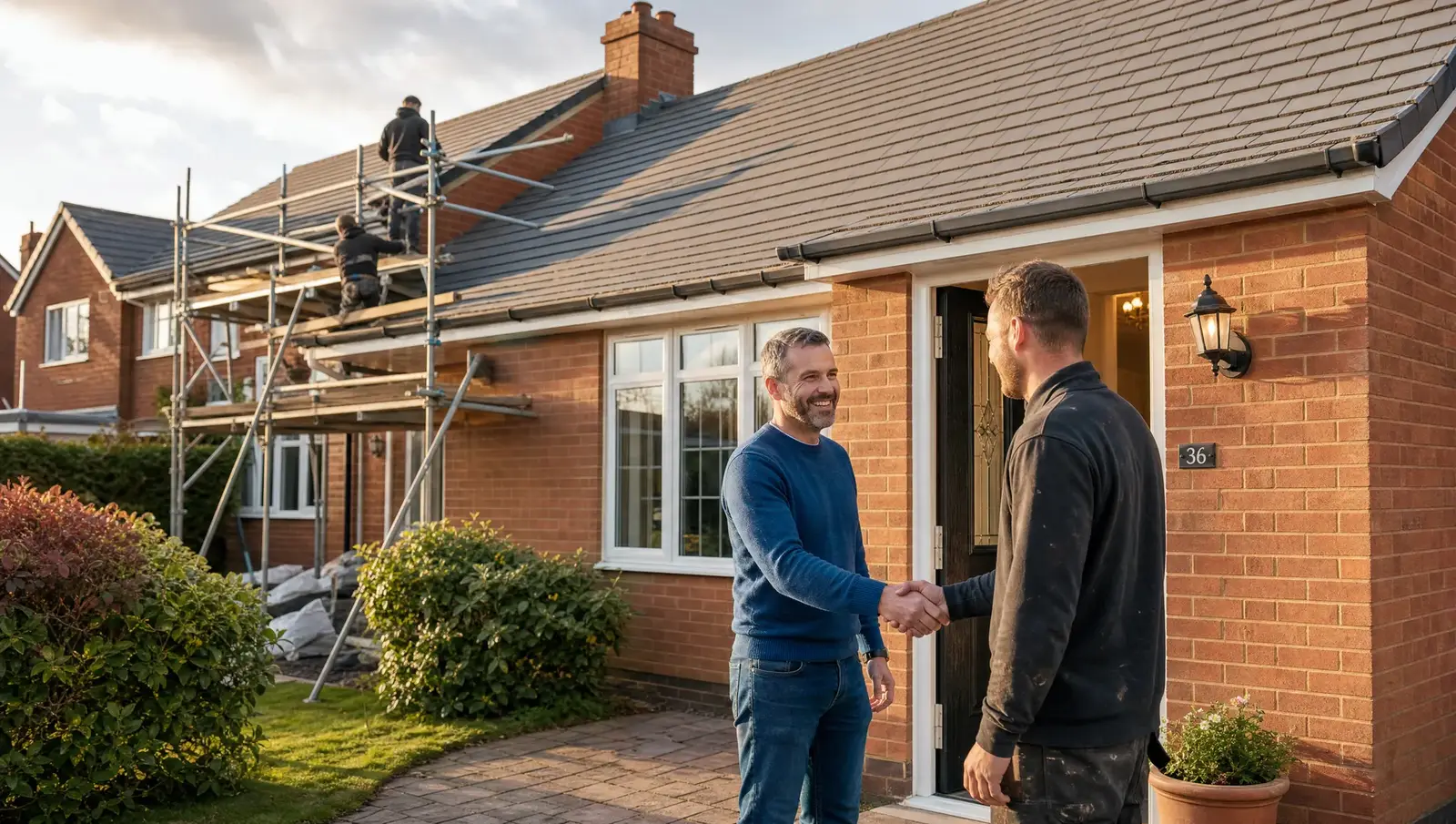 Homeowner shaking hands with a roofer in front of a newly completed roof