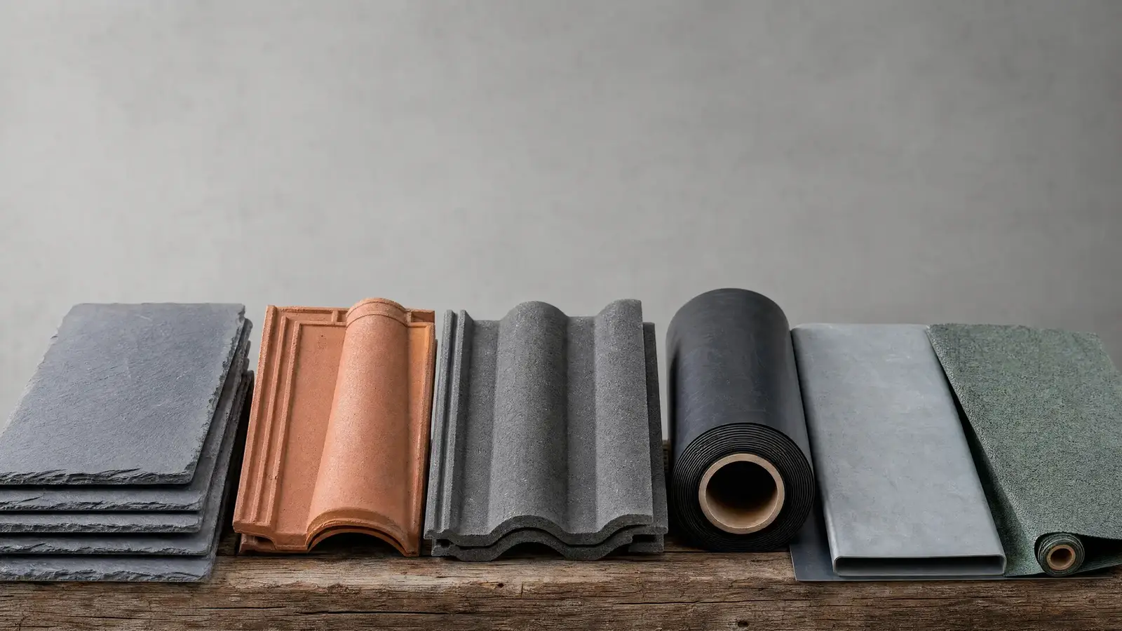 Roofing materials including slate, clay tiles and EPDM rubber laid out for comparison