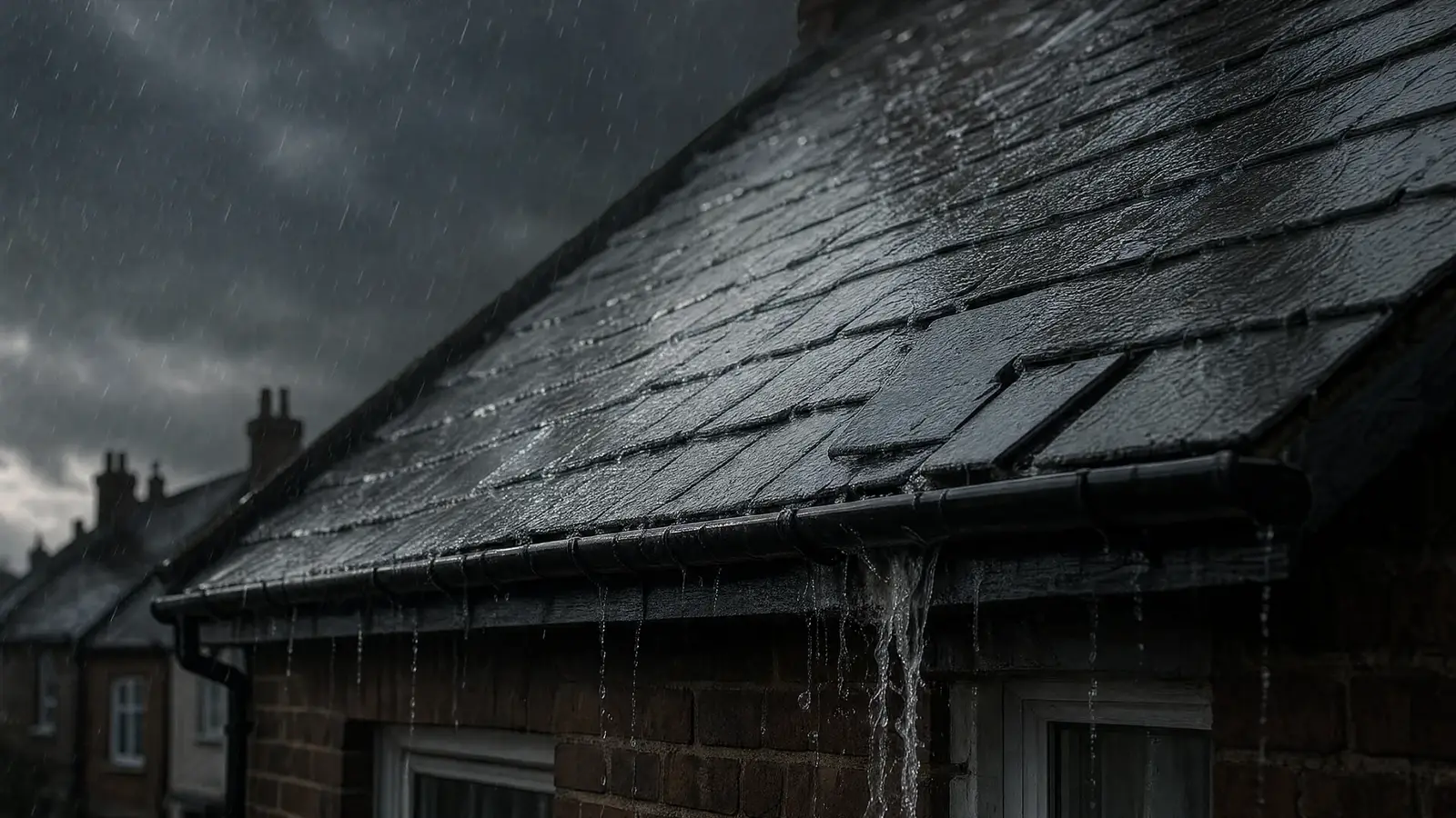 Rain pouring over a damaged roof during a storm