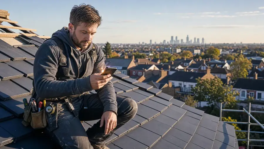 Roofer on a rooftop receiving a new lead notification on his phone