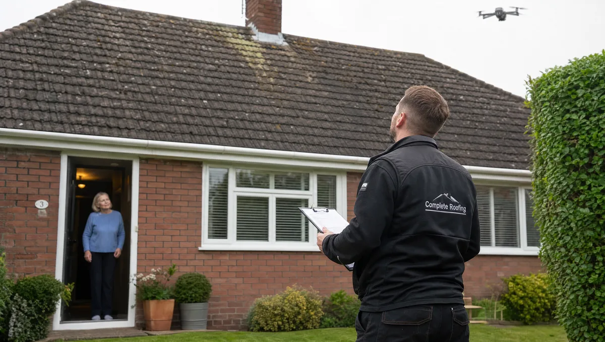 Roofer assessing a house roof with a clipboard while a drone surveys above