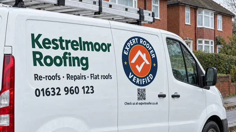 Example member van with the Expert Roofer Verified badge and QR code