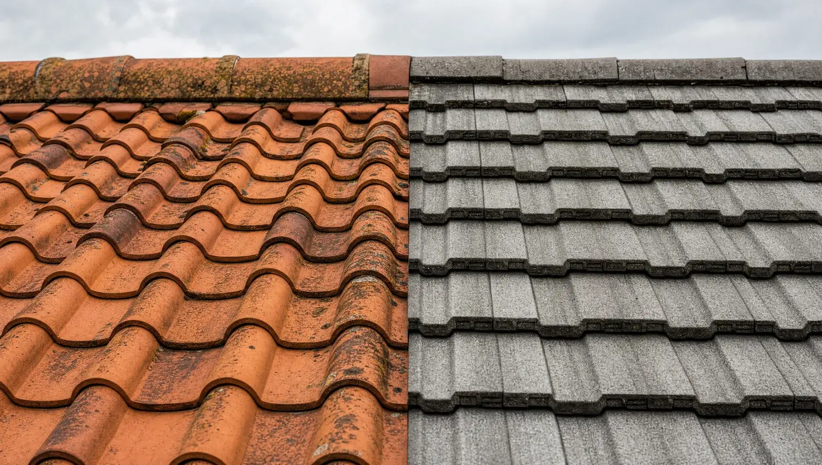 Terracotta clay pantiles beside grey concrete interlocking roof tiles in a split comparison