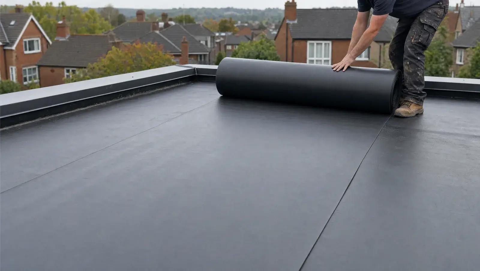 Black EPDM rubber membrane being rolled across a large flat roof with clean lines