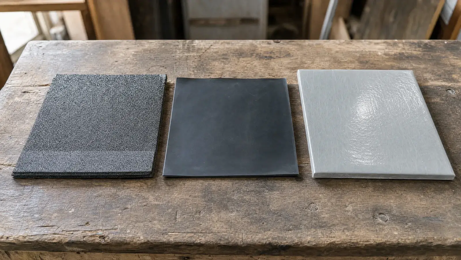Felt, black EPDM rubber and grey GRP fibreglass samples side by side on a workbench
