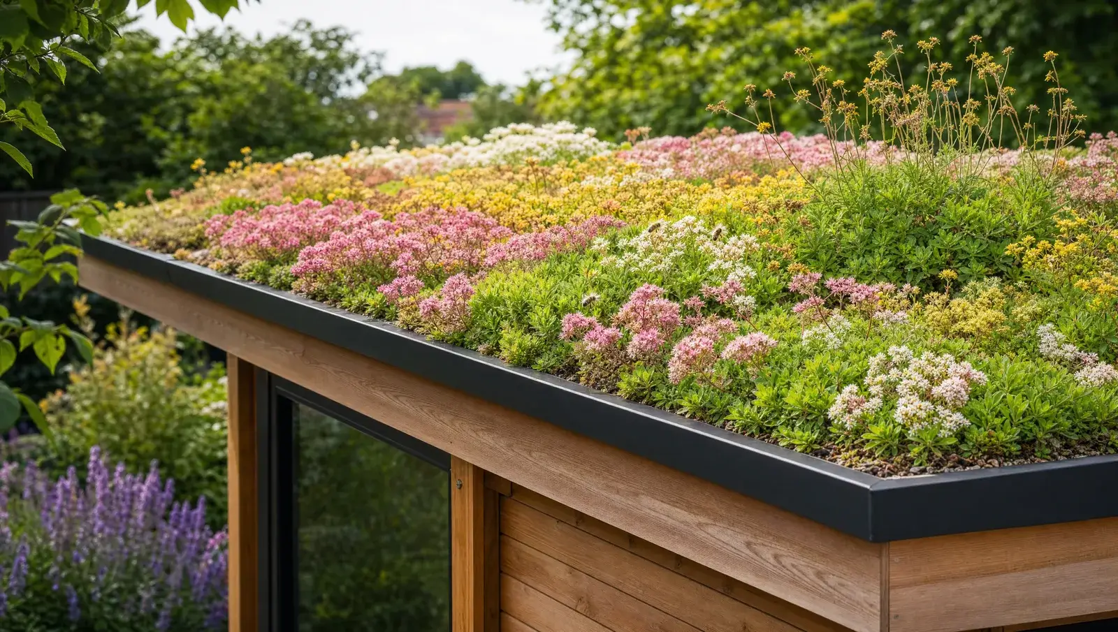 Flowering sedum green roof on a modern garden studio in summer