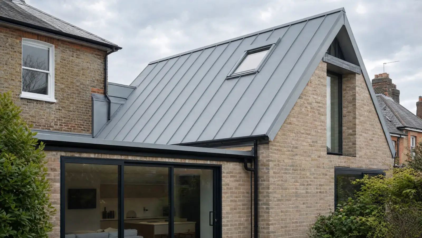 Standing seam zinc roof on a contemporary UK home extension