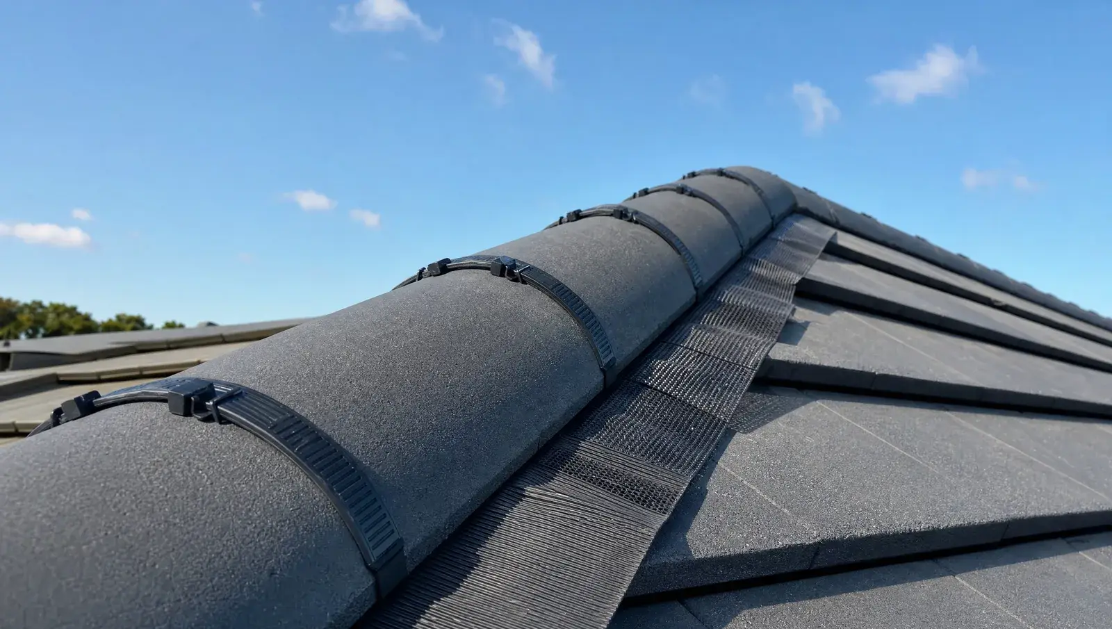 New dry ridge system with mechanical clips along a UK tiled roof apex