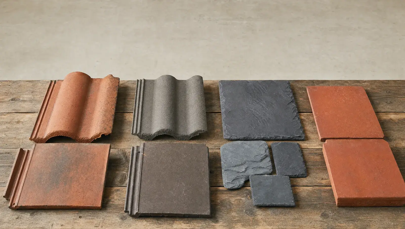 Rows of UK roof tile types laid out together: clay pantiles, concrete interlocking tiles and natural slate
